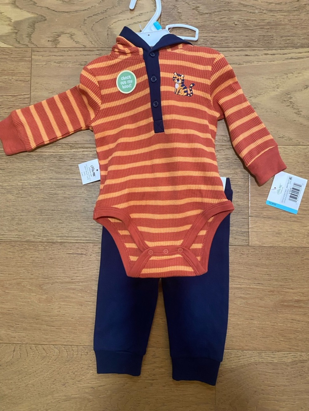 Little me Striped Orange tiger Hooded One-Piece Bodysuit Navy Pants boys 6m NWT